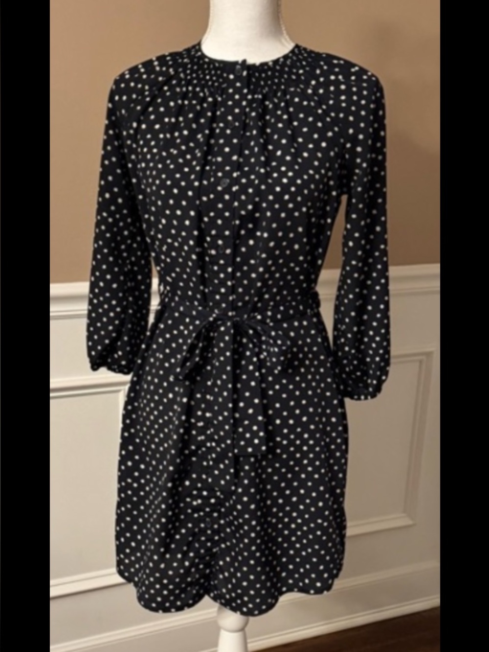 Maeve by Anthropologie mini dress Polka Dot Tie-Waist Dress XS Long Sleeve - Picture 3 of 14